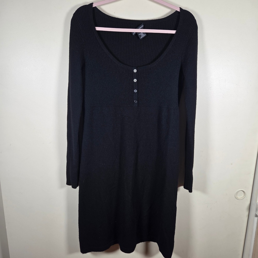 Sofia Cashmere Sweater Dress Women L Black Henley Ribbed Knit Luxury Minimalist